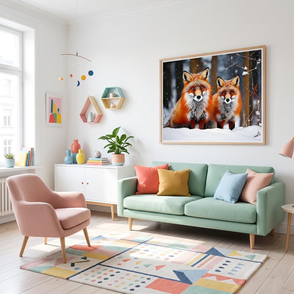 Two Foxes Wall Art Snowy Winter Forest Scene Wildlife Animal Home Decor Print