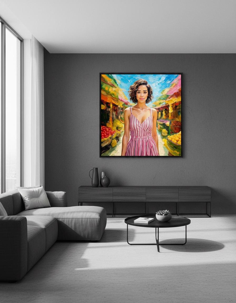 Vibrant Impressionist Market Woman Painting Print: Textured Palette Knife Art, Lively City Scene
