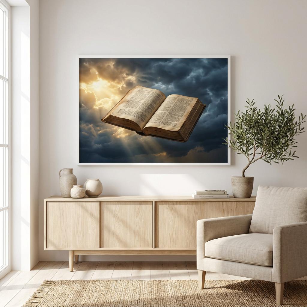 Open Bible Wall Art, Spiritual Sky Print, Christian Home Decor, Inspirational Religious Art, Divine Light Canvas Print, Sacred Book Artwork