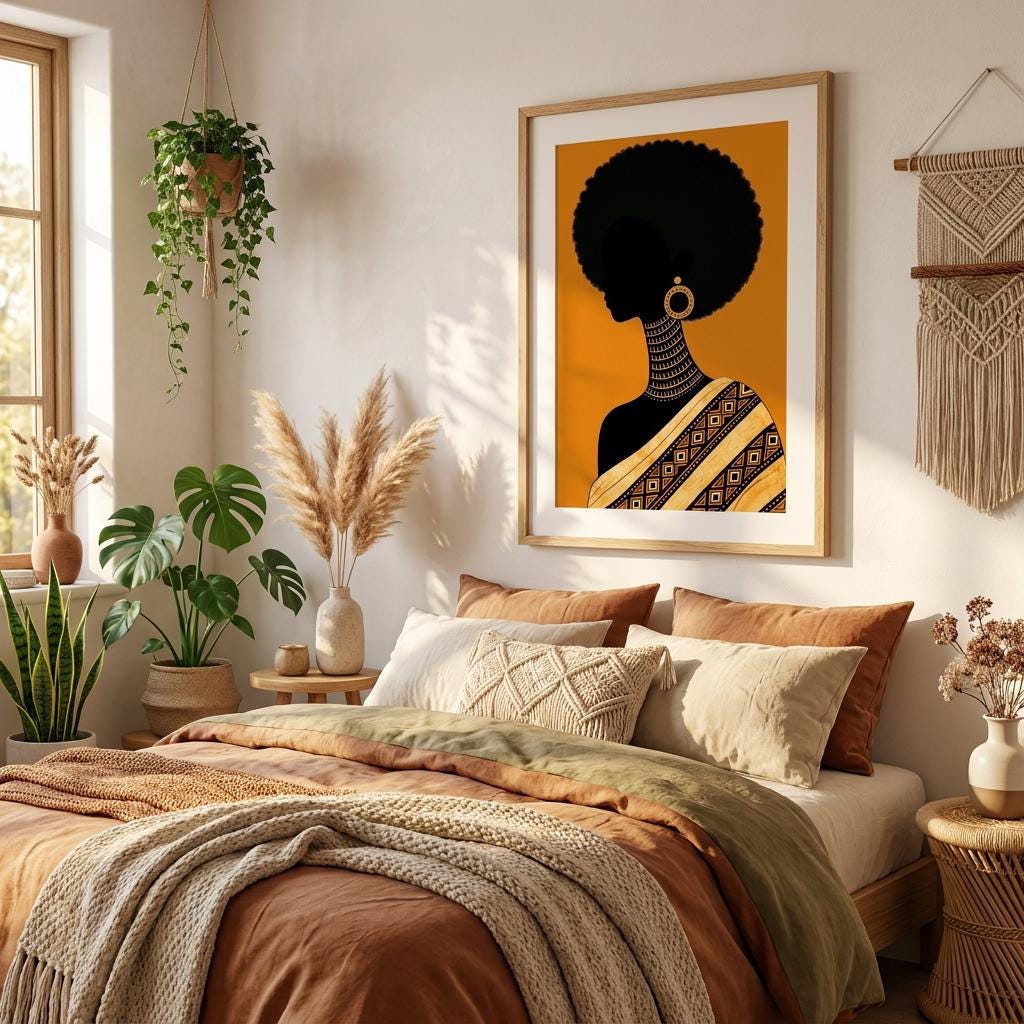 African Woman Art Print Digital Download, Afrocentric Wall Art, Black Woman Silhouette, Boho Decor, Ethnic Culture Art, Instant Digital