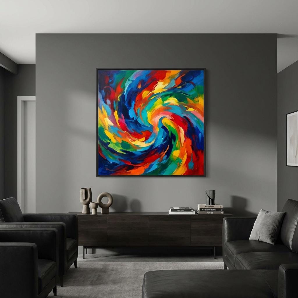 Vibrant Abstract Wall Art Print: Dynamic Teal Orange Blue Swirling Canvas Decor