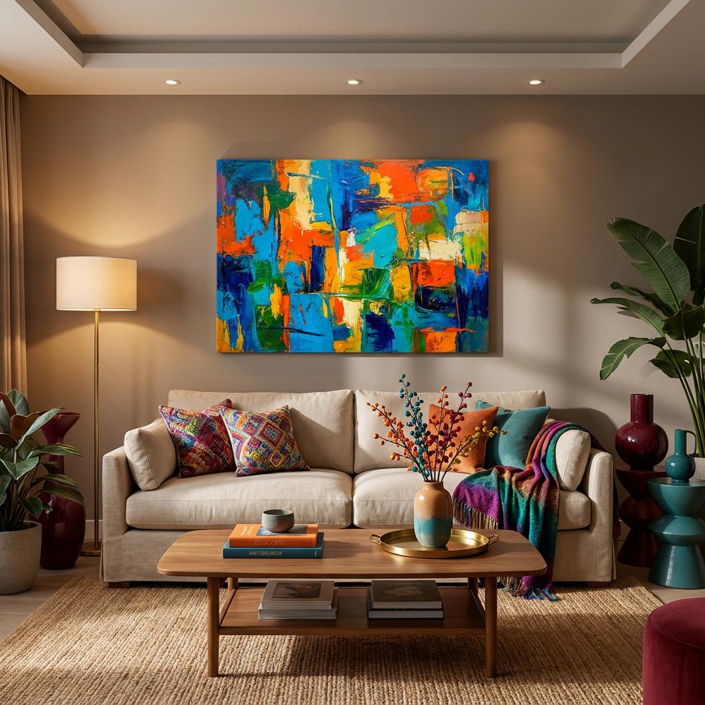 Vibrant Abstract Wall Art Print: Dynamic Teal Orange Blue Swirling Canvas Decor