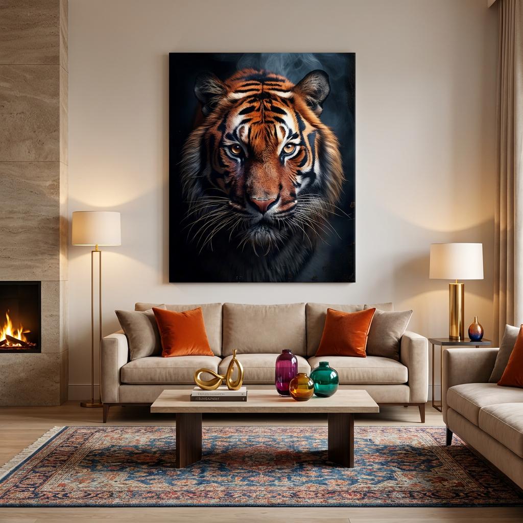 Majestic Tiger Portrait Wall Art: Realistic Detailed Big Cat Face, Dark Background