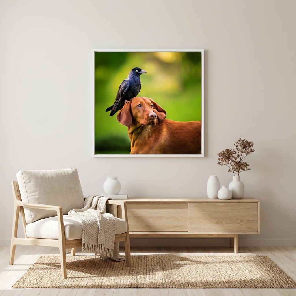 Vizsla Dog Crow Image: Green Background, Unique Wildlife Art, Nature Decor