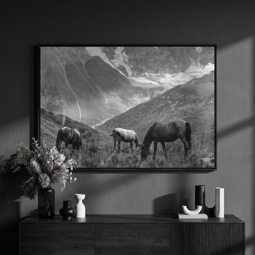 Mountain Glacier Landscape Print: Grazing Wild Horses, Alpine Scenery, Majestic Nature Artwork