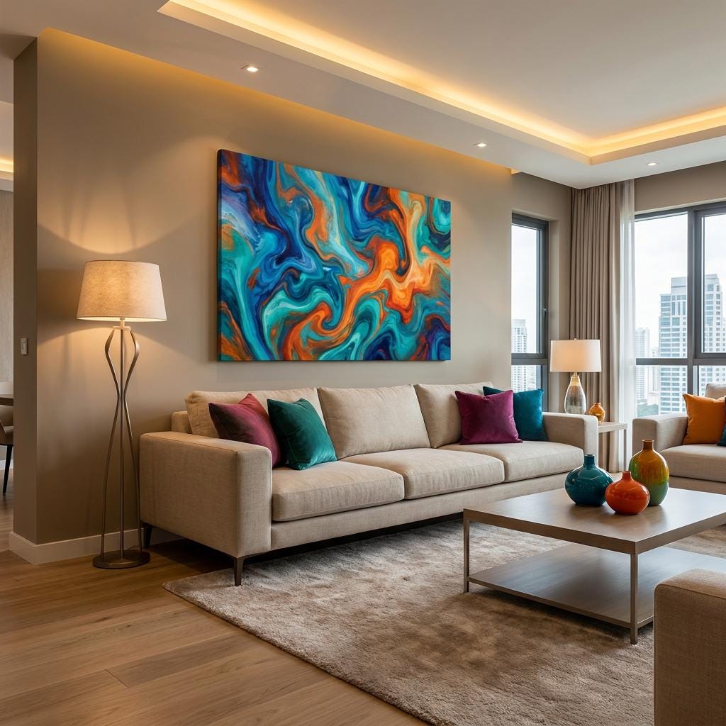 Vibrant Abstract Wall Art Print: Dynamic Teal Orange Blue Swirling Canvas Decor
