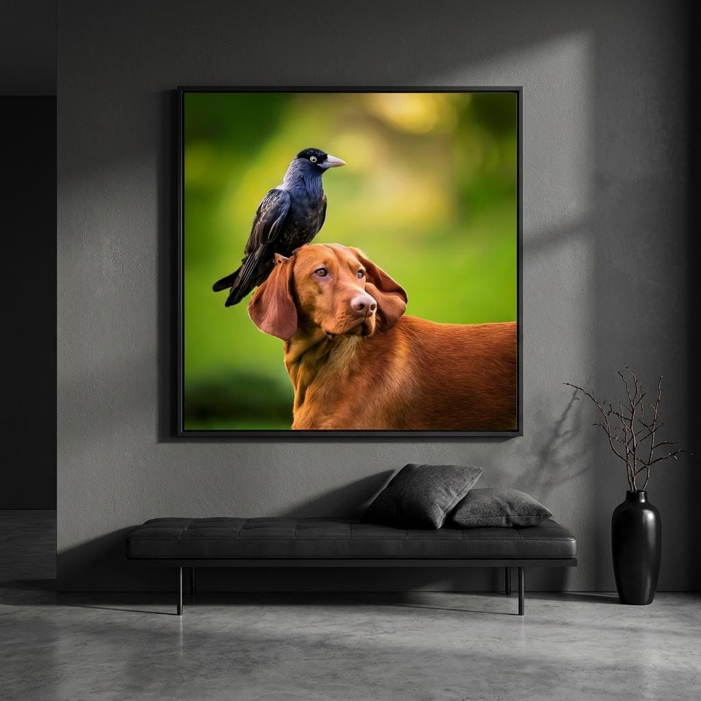 Vizsla Dog Crow Image: Green Background, Unique Wildlife Art, Nature Decor