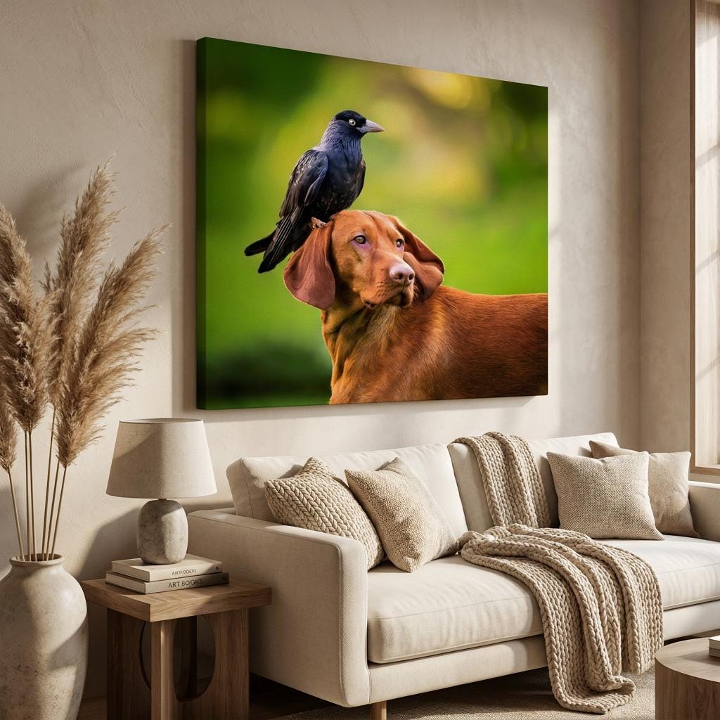 Vizsla Dog Crow Image: Green Background, Unique Wildlife Art, Nature Decor