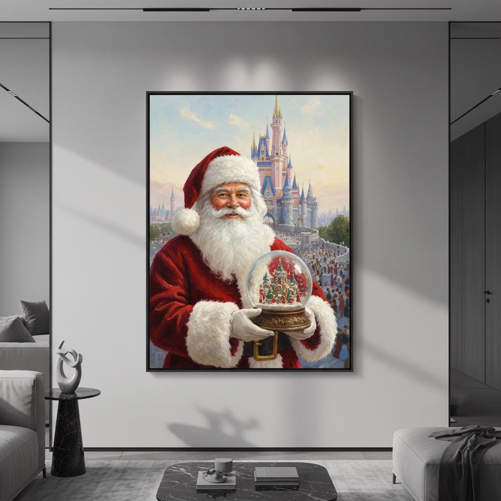 Jolly Santa Claus Painting: Christmas Snow Globe, Enchanted Castle Background Holiday Art Print