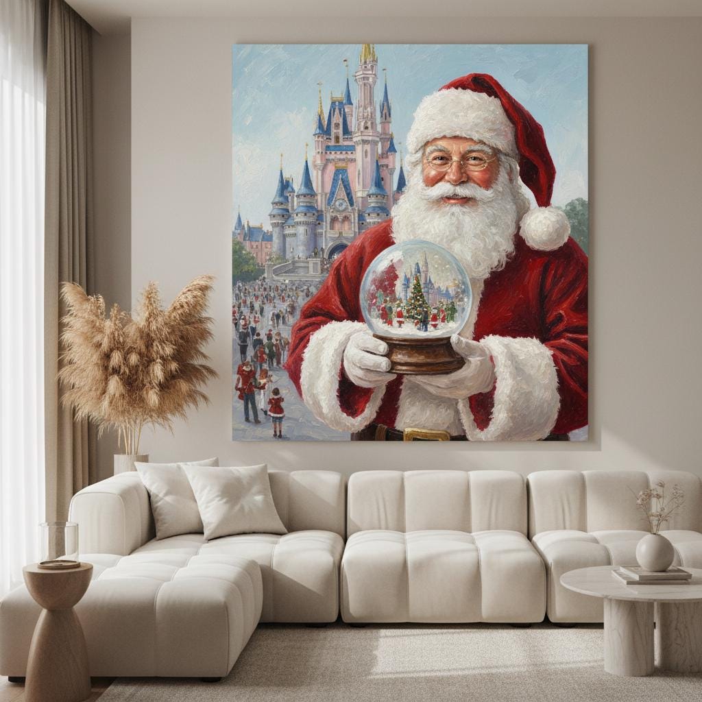 Jolly Santa Claus Painting: Christmas Snow Globe, Enchanted Castle Background Holiday Art Print