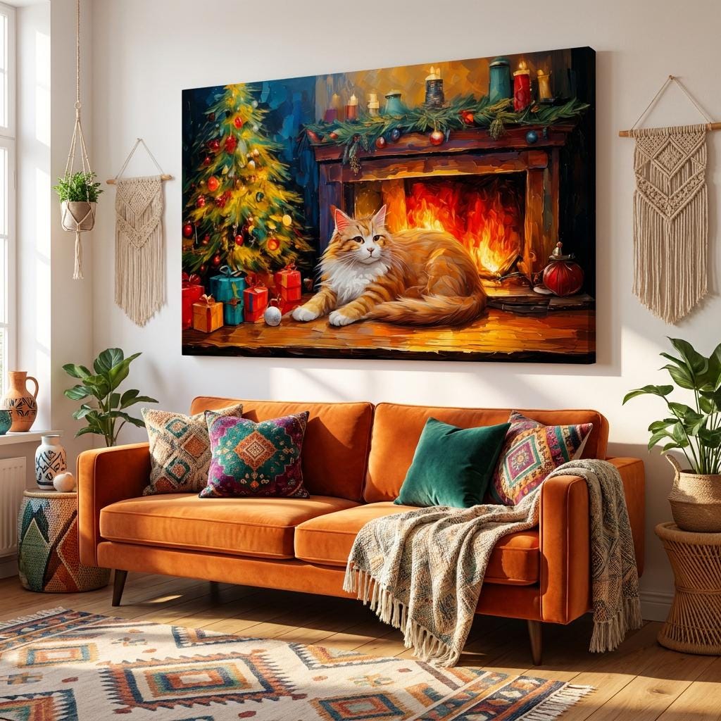 Orange Cat Painting, Christmas Fireplace Wall Art, Cozy Festive Tree Holiday Home Scene