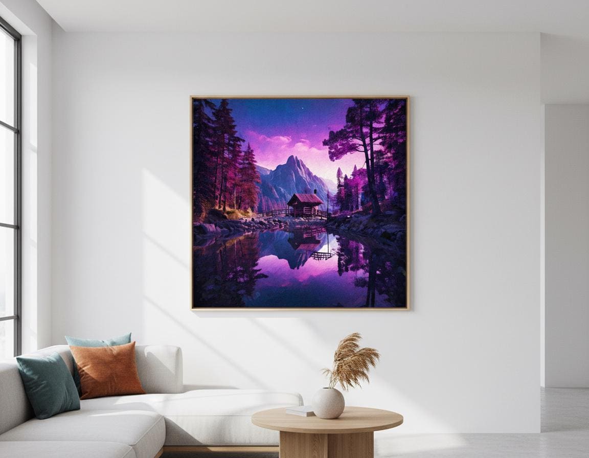 Purple Forest Mountain Lake Art Print: Reflective Cabin Twilight Landscape Wall Decor