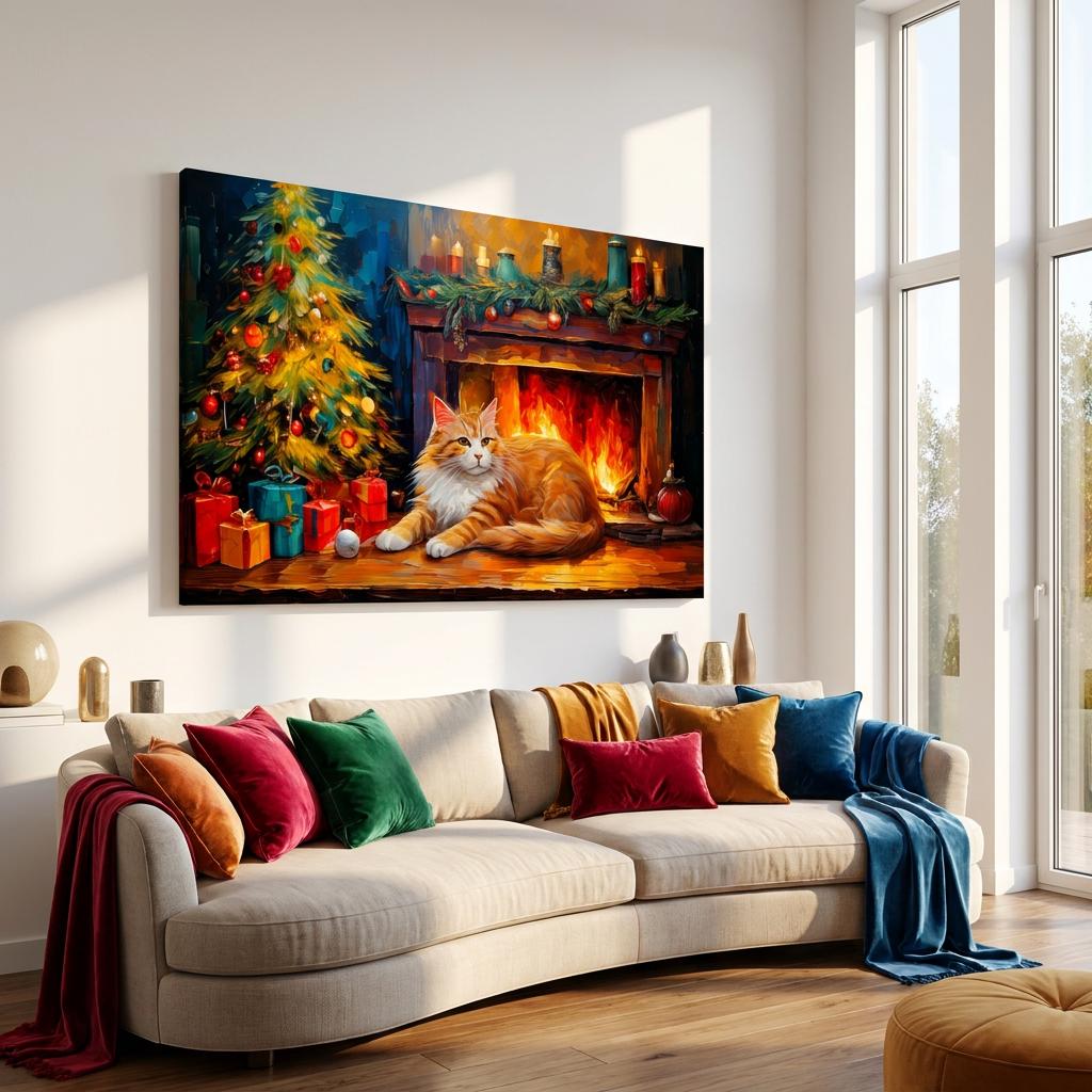 Orange Cat Painting, Christmas Fireplace Wall Art, Cozy Festive Tree Holiday Home Scene