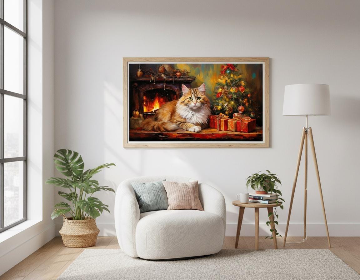 Maine Coon Cat Print: Cozy Christmas Fireplace, Festive Holiday Home Wall Decor