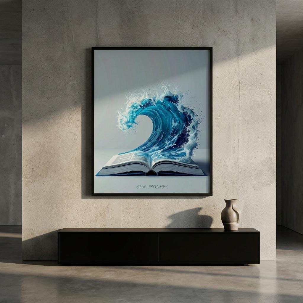 Ocean Wave Open Book Canvas Print: Dynamic Blue Water, Surreal Fantasy Wall Art