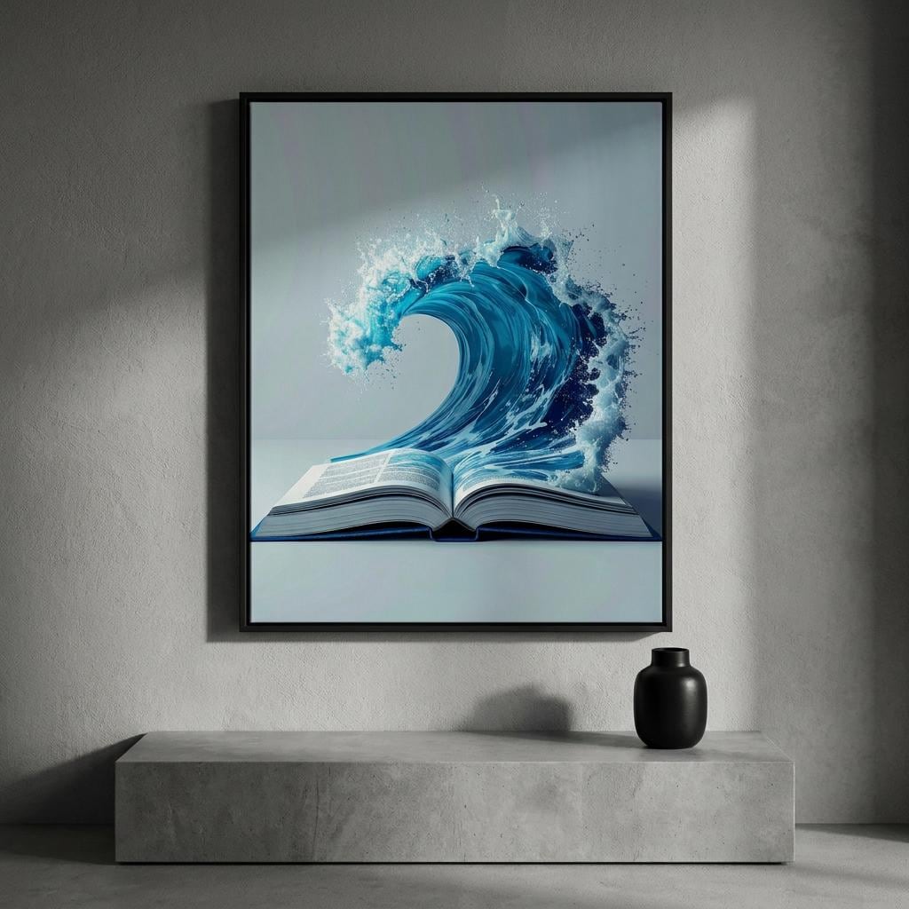 Ocean Wave Open Book Canvas Print: Dynamic Blue Water, Surreal Fantasy Wall Art