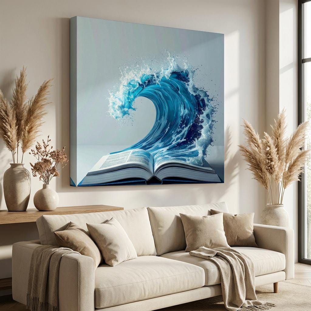 Ocean Wave Open Book Canvas Print: Dynamic Blue Water, Surreal Fantasy Wall Art
