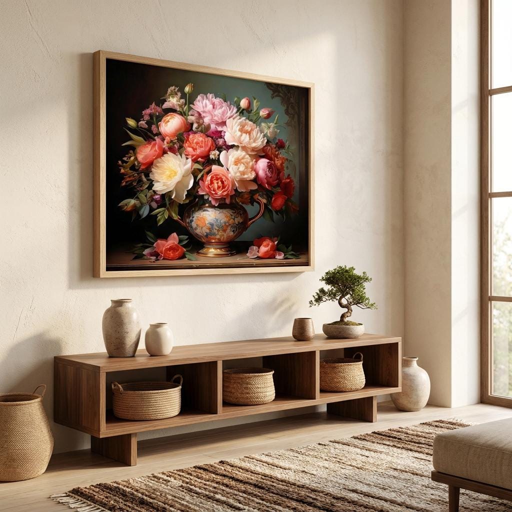 Floral Bouquet Canvas Print: Large Peony Rose Botanical Wall Art, Pink Red Yellow Bloom