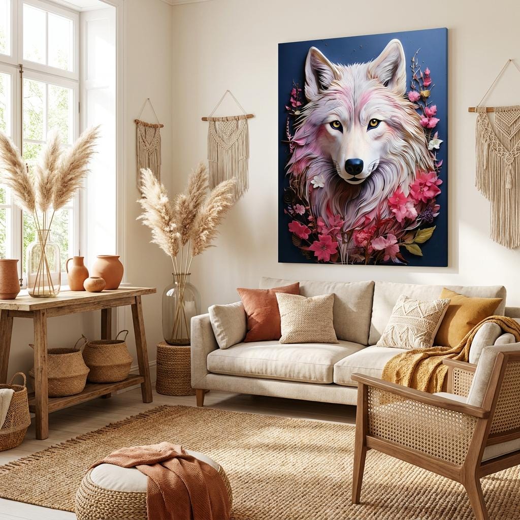 White Wolf Pink Floral Wall Art Print, Wildlife Animal Portrait Canvas, Dark Blue Decor
