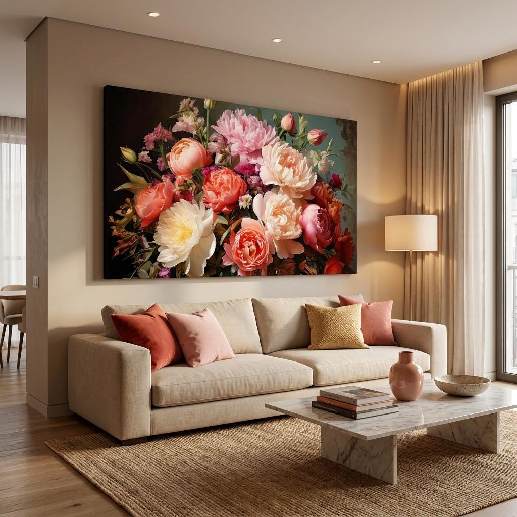 Floral Bouquet Canvas Print: Large Peony Rose Botanical Wall Art, Pink Red Yellow Bloom