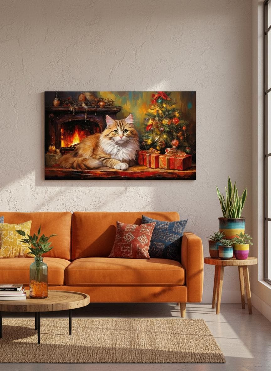 Maine Coon Cat Print: Cozy Christmas Fireplace, Festive Holiday Home Wall Decor