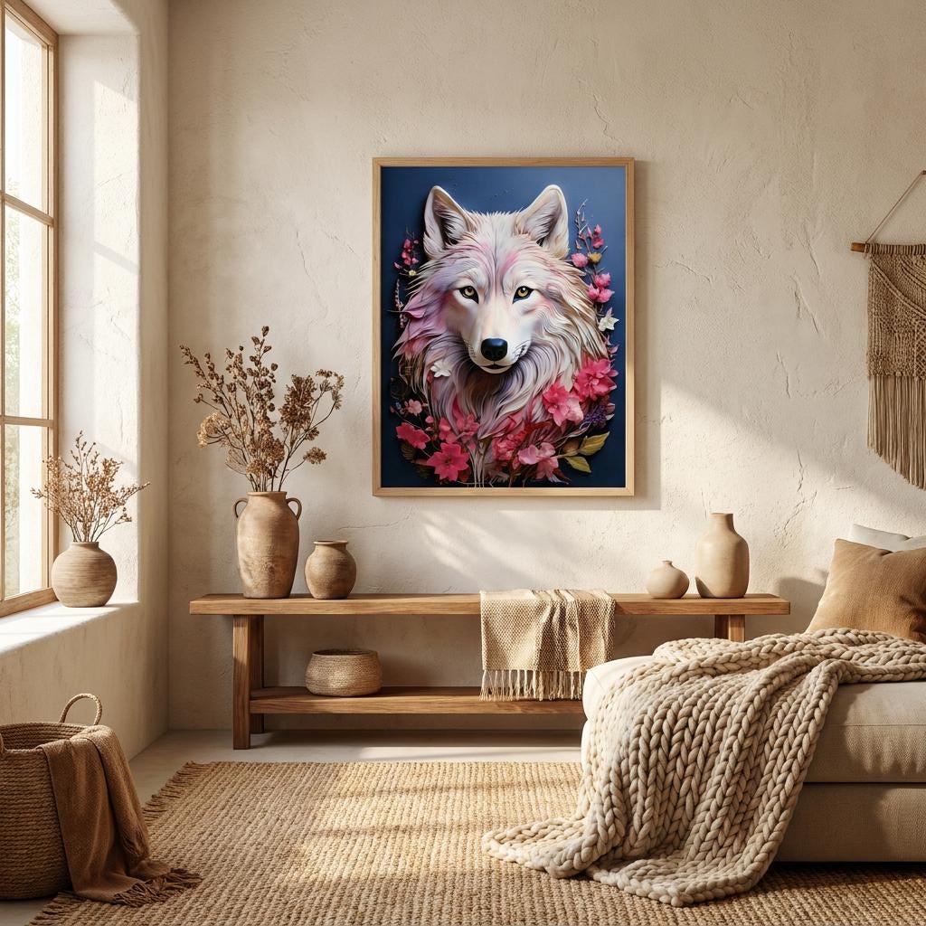 White Wolf Pink Floral Wall Art Print, Wildlife Animal Portrait Canvas, Dark Blue Decor