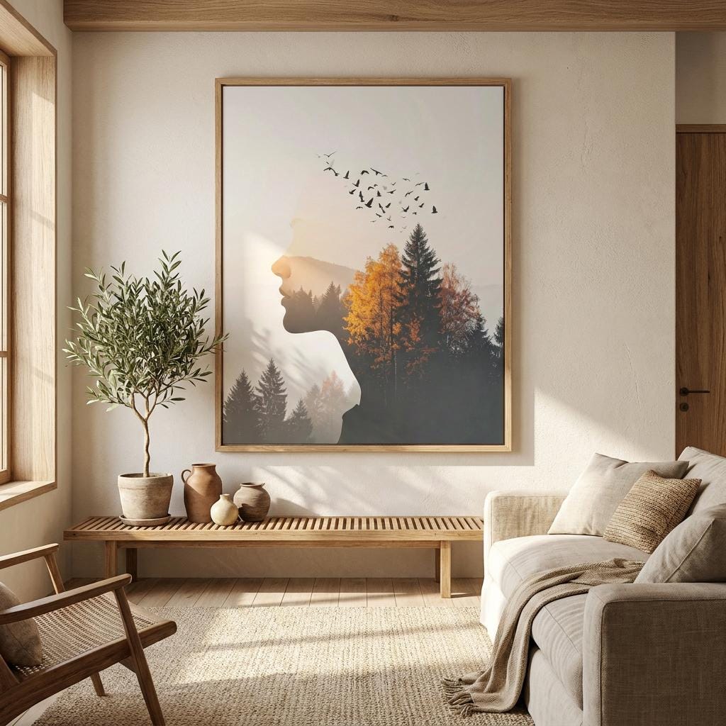 Woman Silhouette Forest Art Print: Double Exposure, Autumn Trees, Flying Birds, Nature Landscape