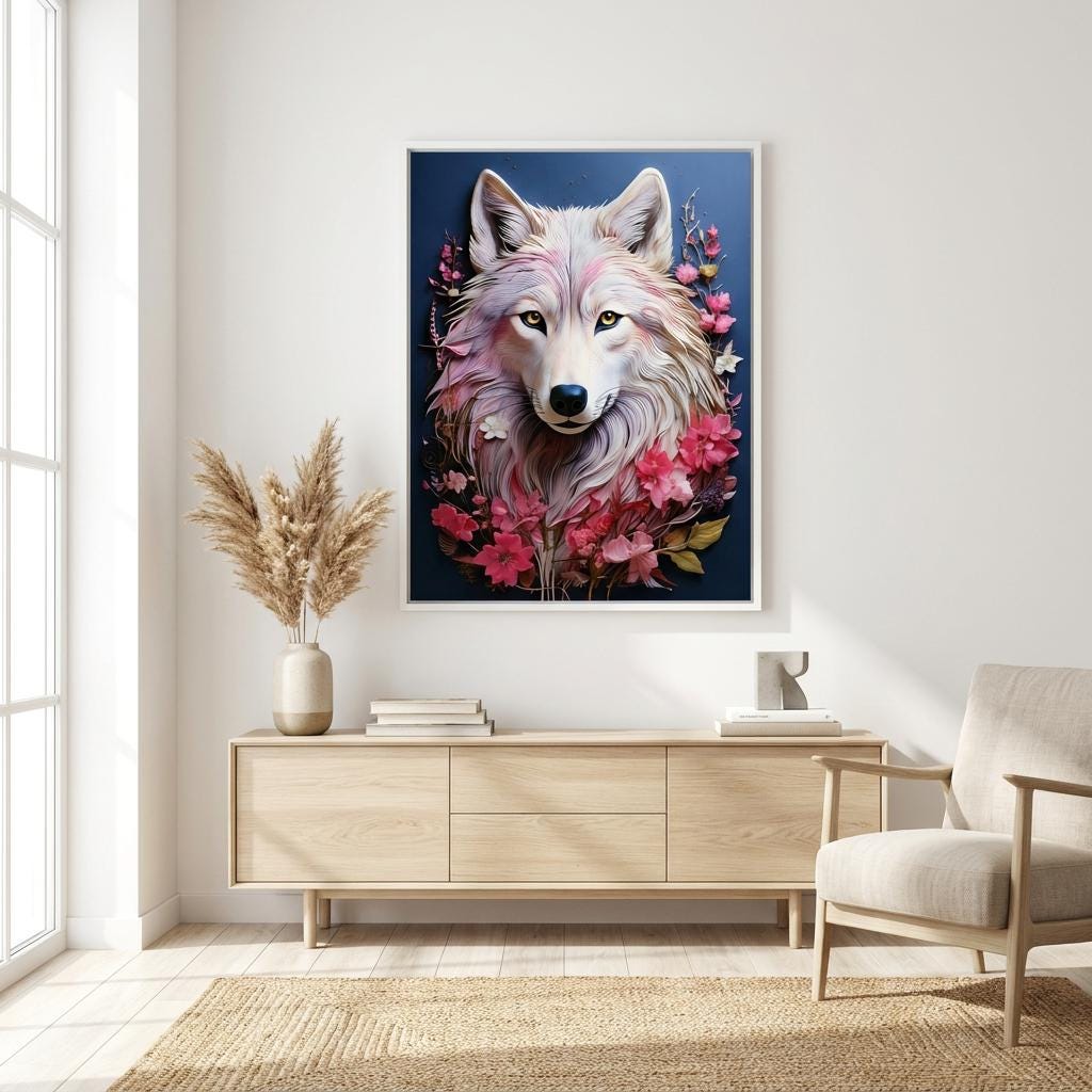 White Wolf Pink Floral Wall Art Print, Wildlife Animal Portrait Canvas, Dark Blue Decor