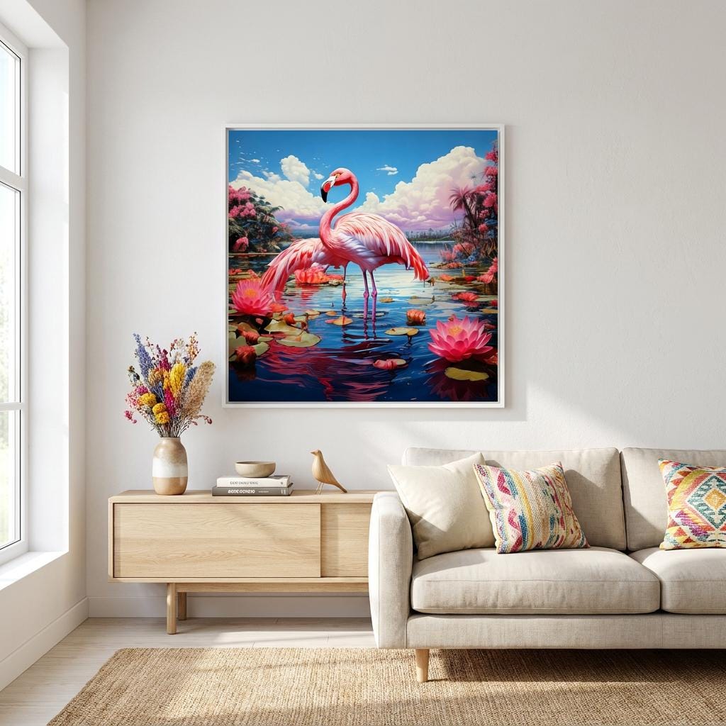 Pink Flamingo Artwork: Tropical Water Lily Pond, Vibrant Exotic Birds Nature Painting