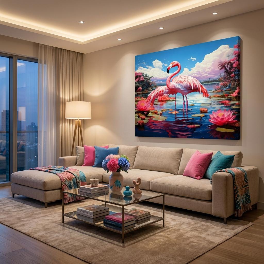 Pink Flamingo Artwork: Tropical Water Lily Pond, Vibrant Exotic Birds Nature Painting