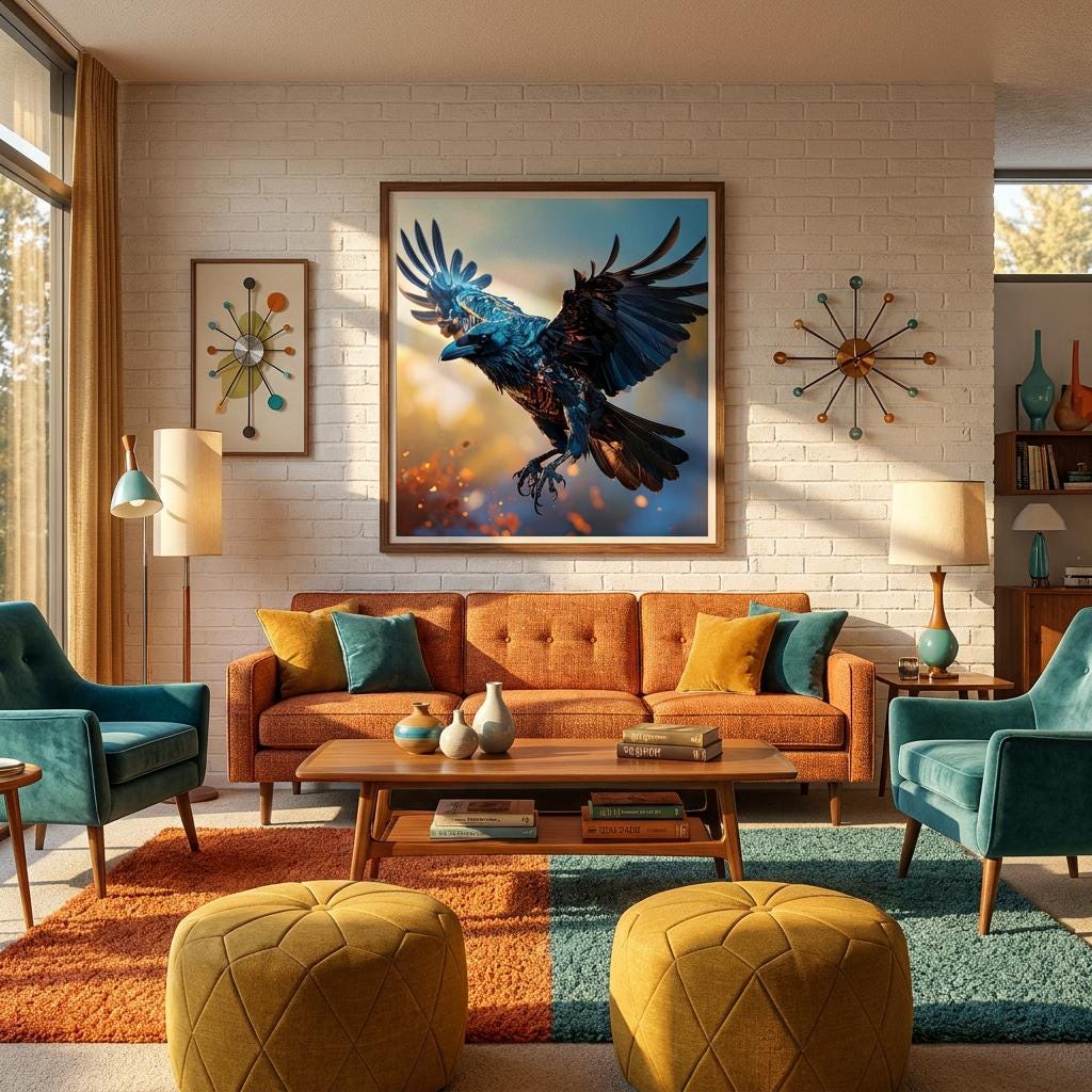 Vibrant Flying Raven Art Print: Blue Black Crow, Spread Wings, Modern Wildlife Decor