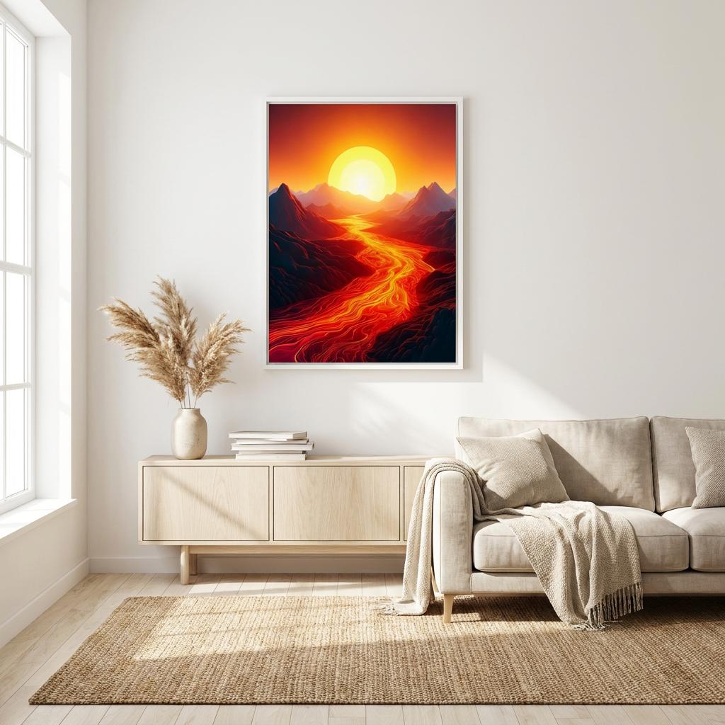 Lava River Sunset Mountain Art Print: Dramatic Fiery Landscape Wall Decor Abstract Scene