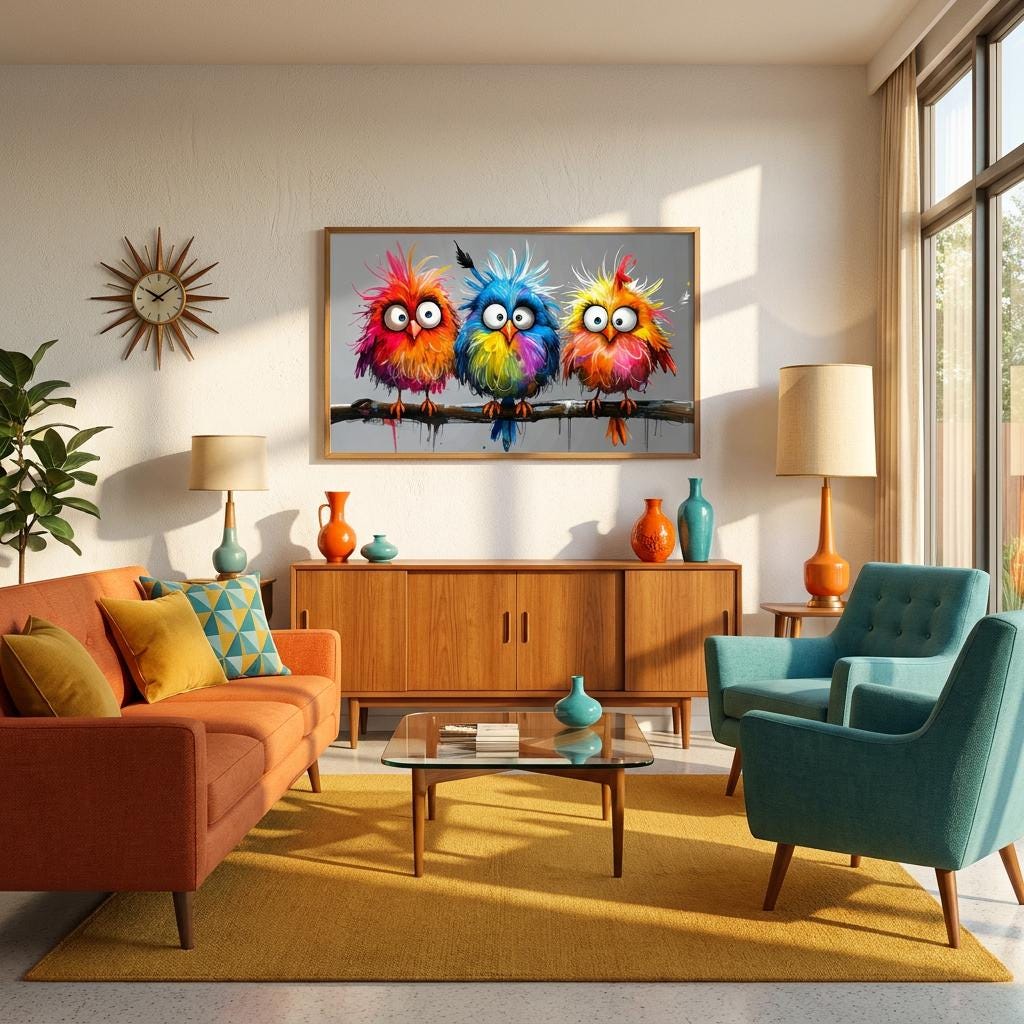 Vibrant Whimsical Colorful Birds Wall Art: Eye-catching Abstract Funny Animal Painting Decor