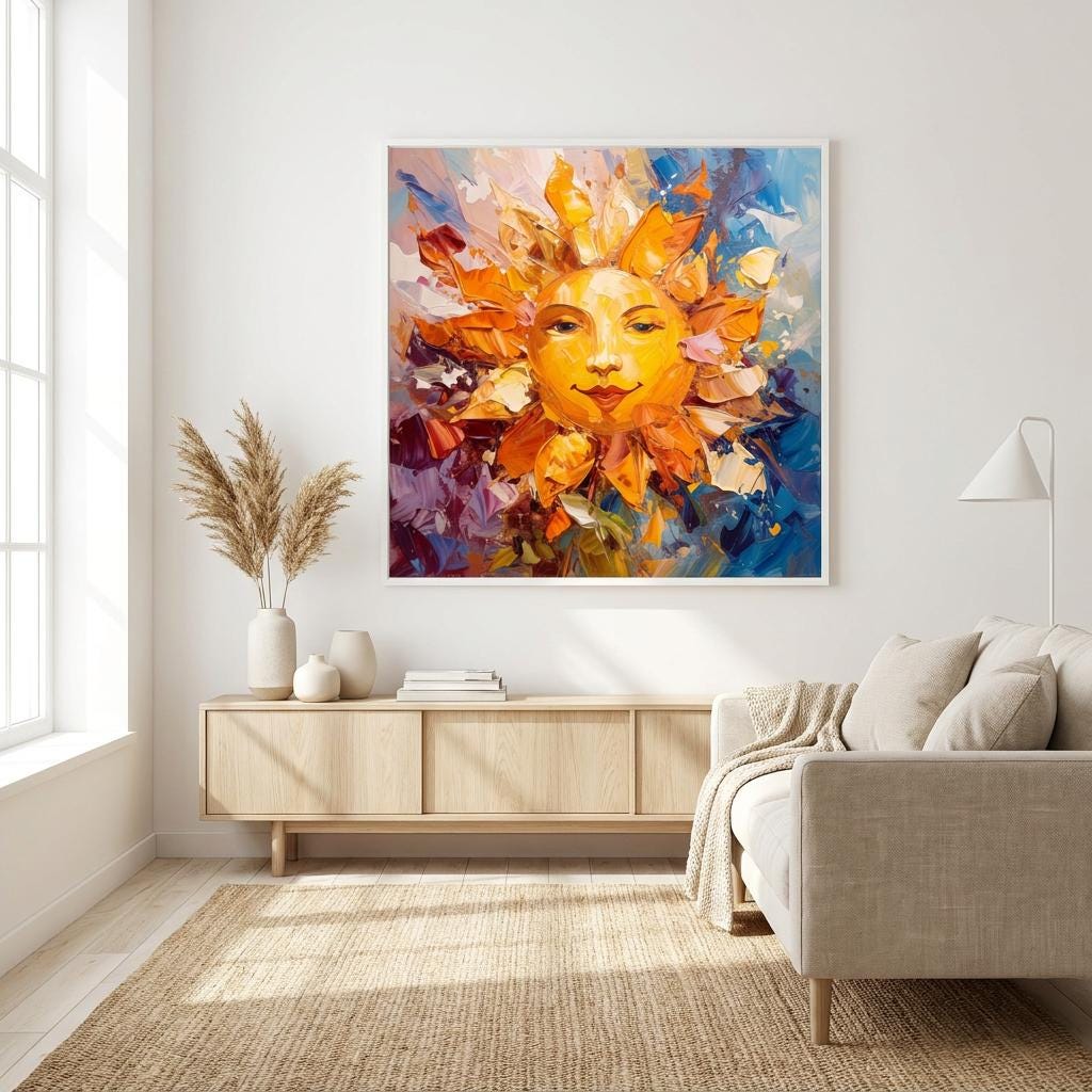 Vibrant Abstract Sun Face Canvas Art: Textured Impasto Oil Painting, Colorful Bohemian Decor