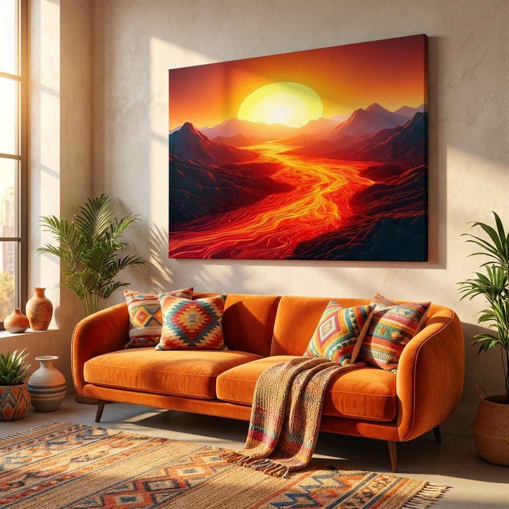 Lava River Sunset Mountain Art Print: Dramatic Fiery Landscape Wall Decor Abstract Scene