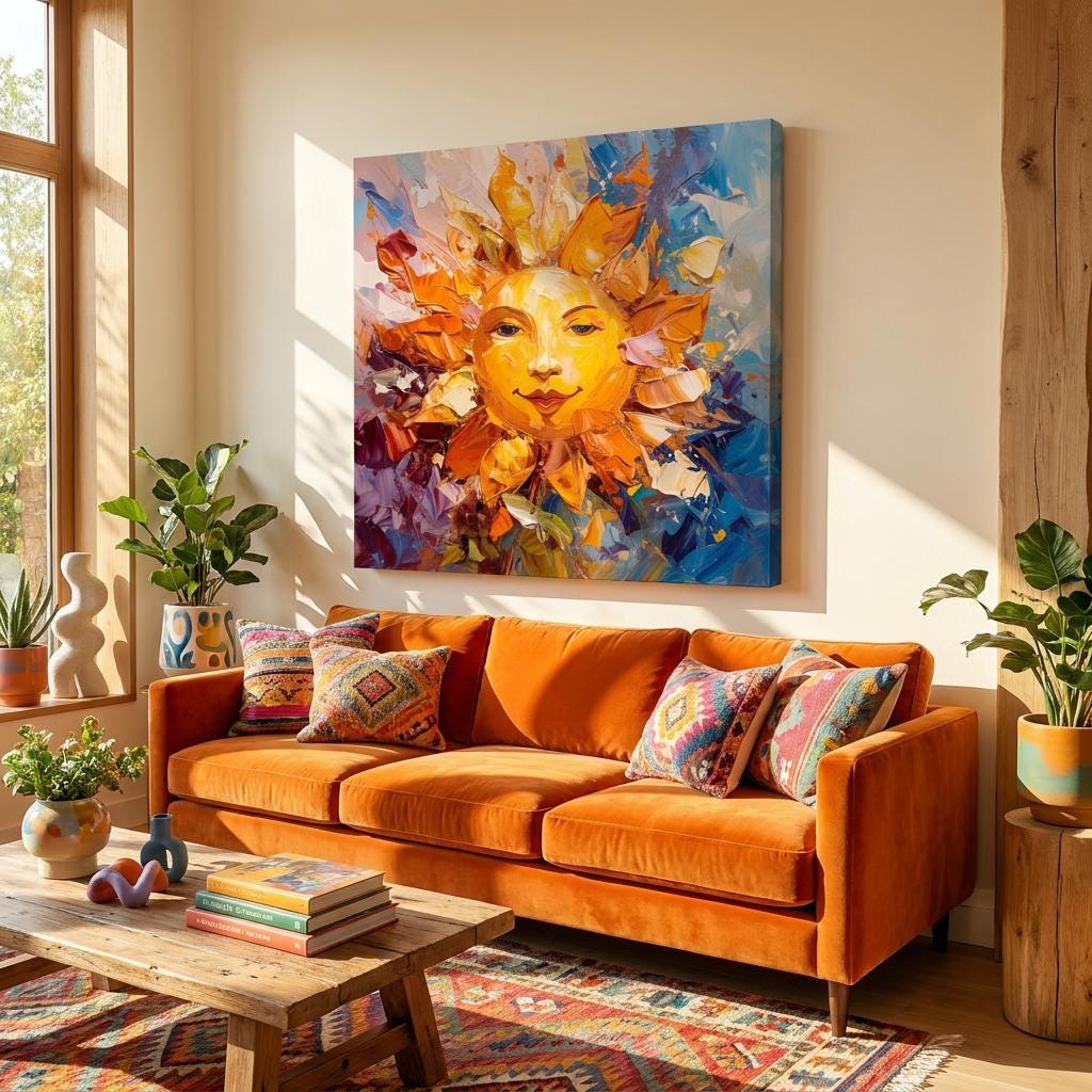 Vibrant Abstract Sun Face Canvas Art: Textured Impasto Oil Painting, Colorful Bohemian Decor