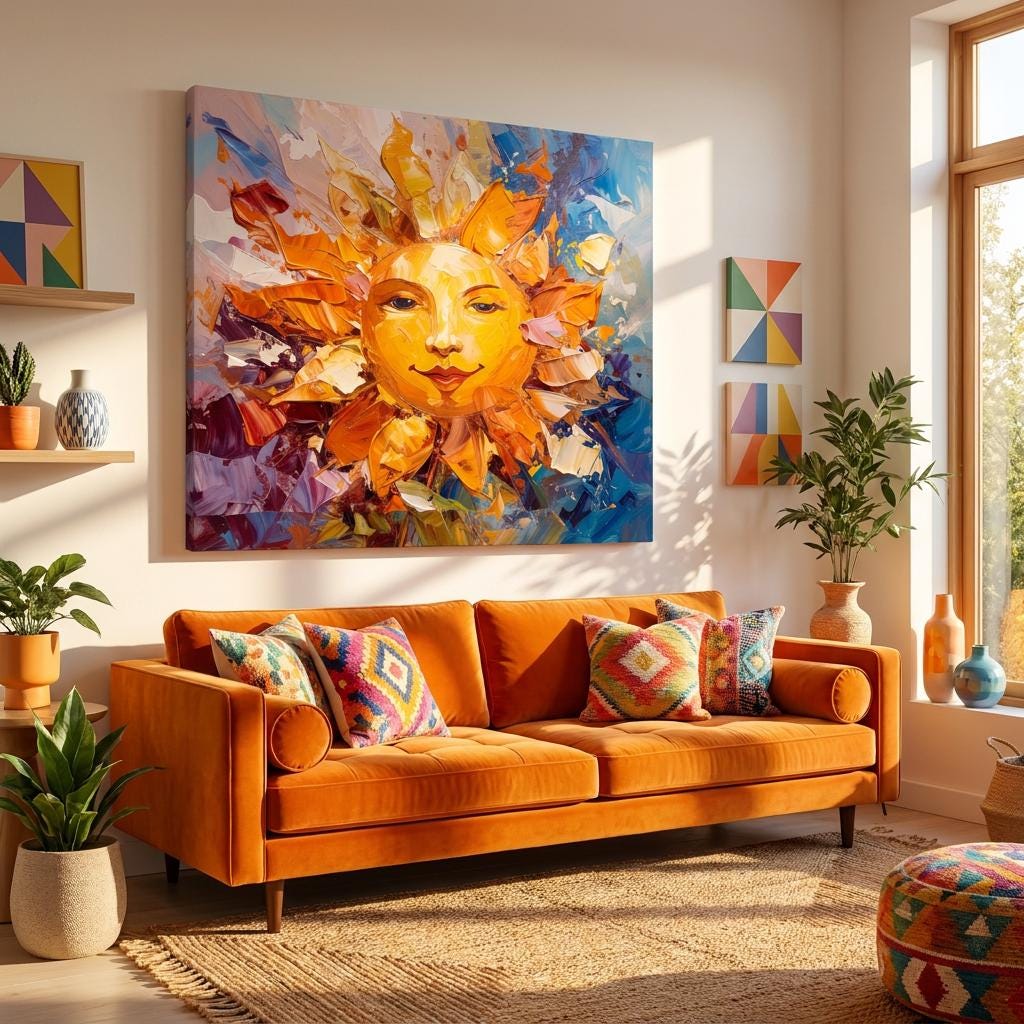 Vibrant Abstract Sun Face Canvas Art: Textured Impasto Oil Painting, Colorful Bohemian Decor