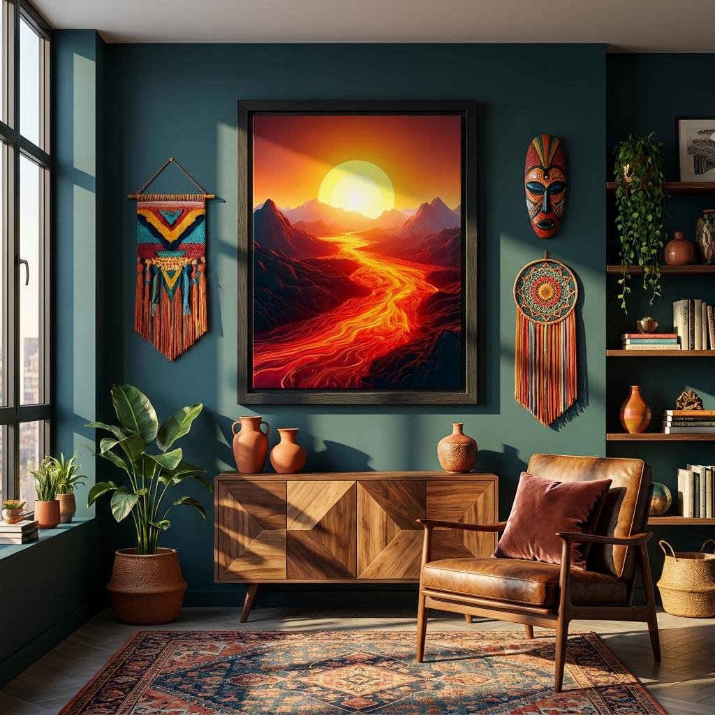 Lava River Sunset Mountain Art Print: Dramatic Fiery Landscape Wall Decor Abstract Scene