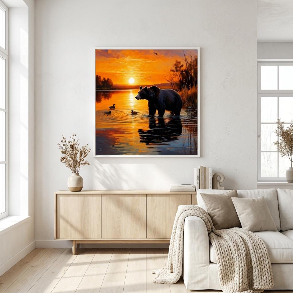 Black Bear Sunset Lake Canvas Print: Wildlife Nature Golden Hour Reflection Art
