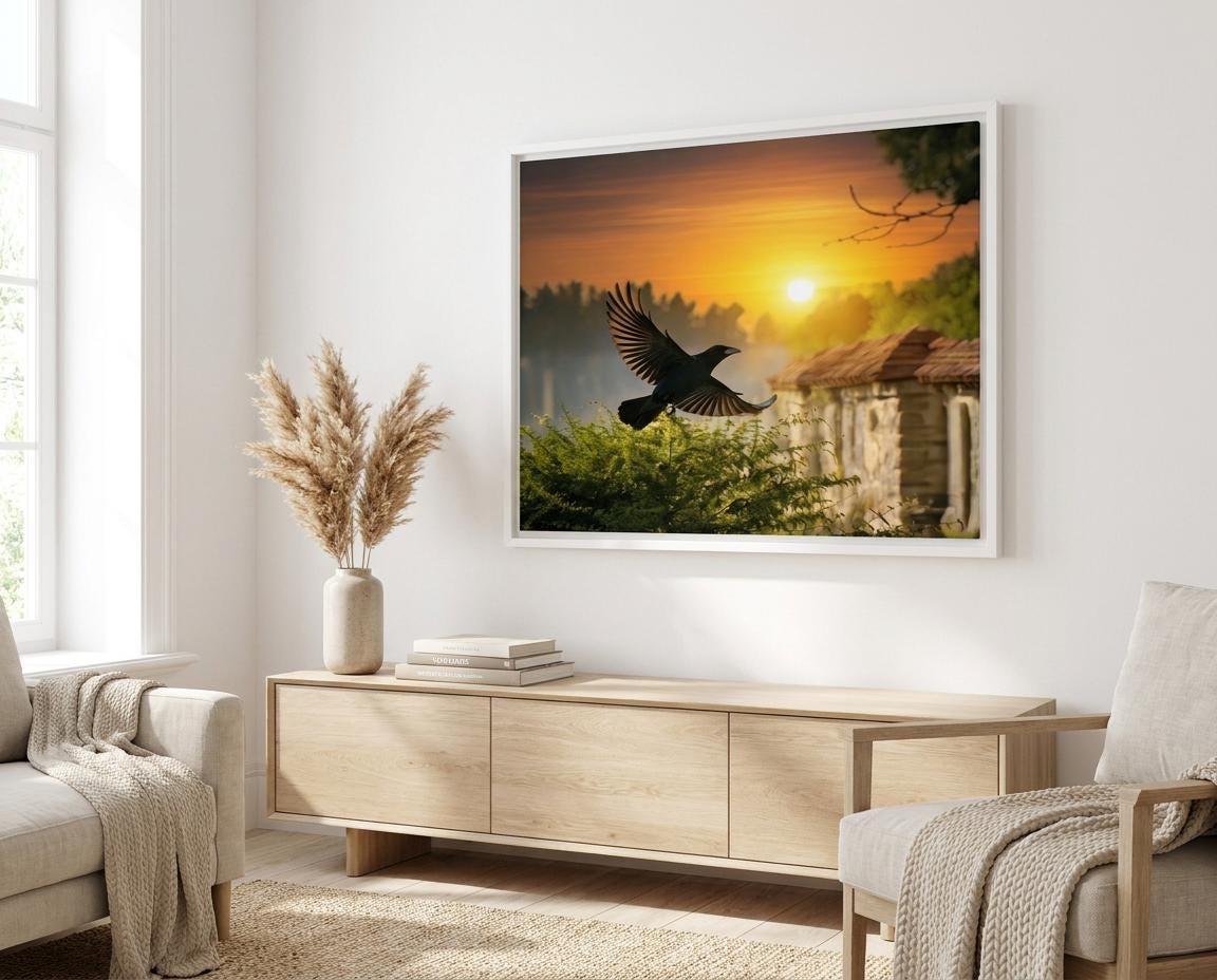 Black Crow Flying Sunset Wall Art Print: Forest Cabin Landscape Golden Hour Nature Scene