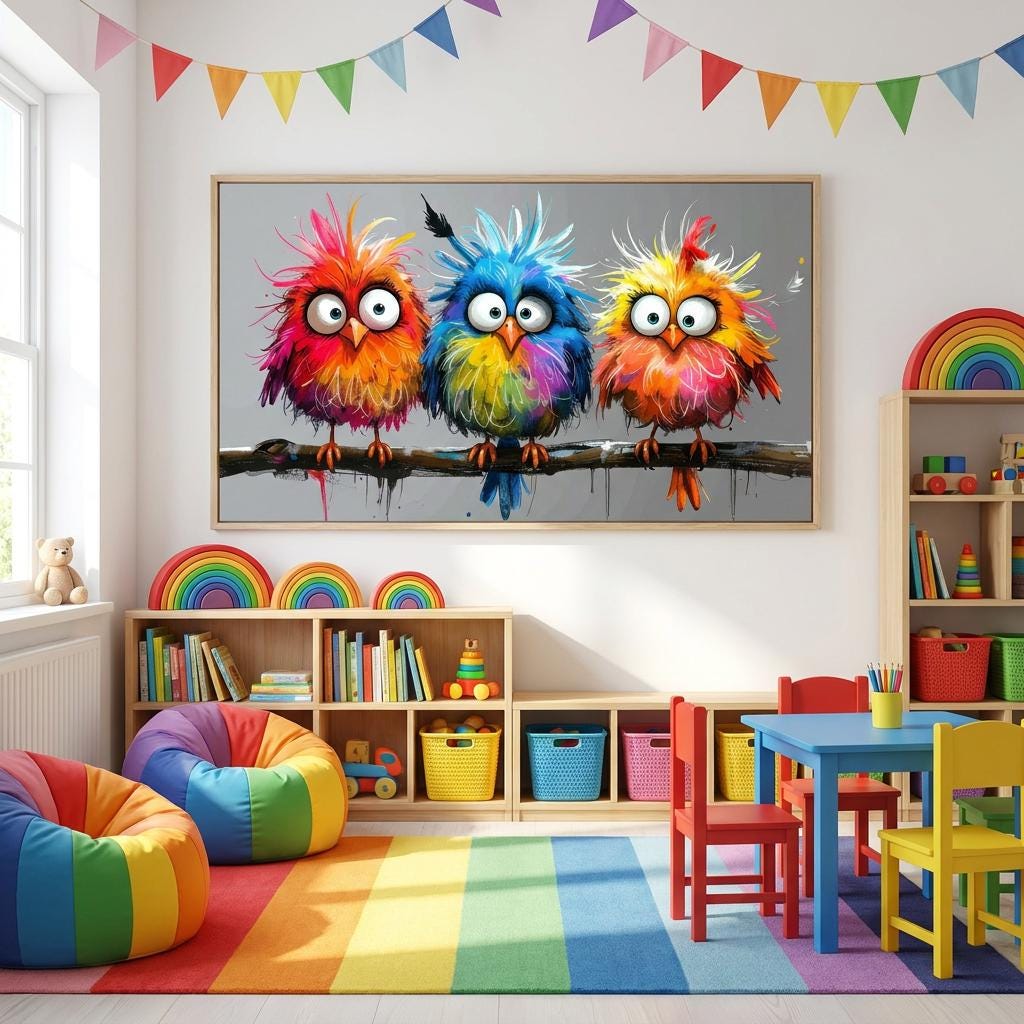 Vibrant Whimsical Colorful Birds Wall Art: Eye-catching Abstract Funny Animal Painting Decor