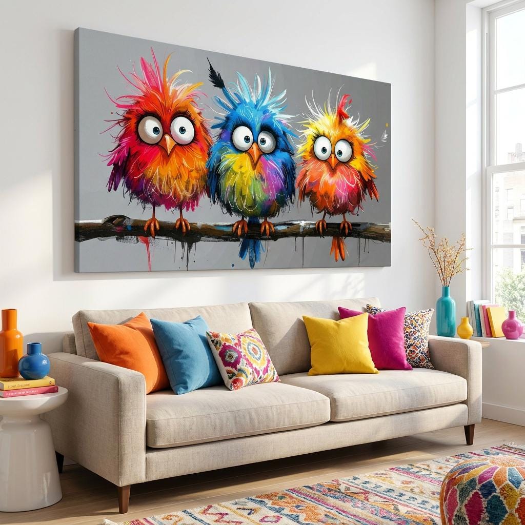 Vibrant Whimsical Colorful Birds Wall Art: Eye-catching Abstract Funny Animal Painting Decor