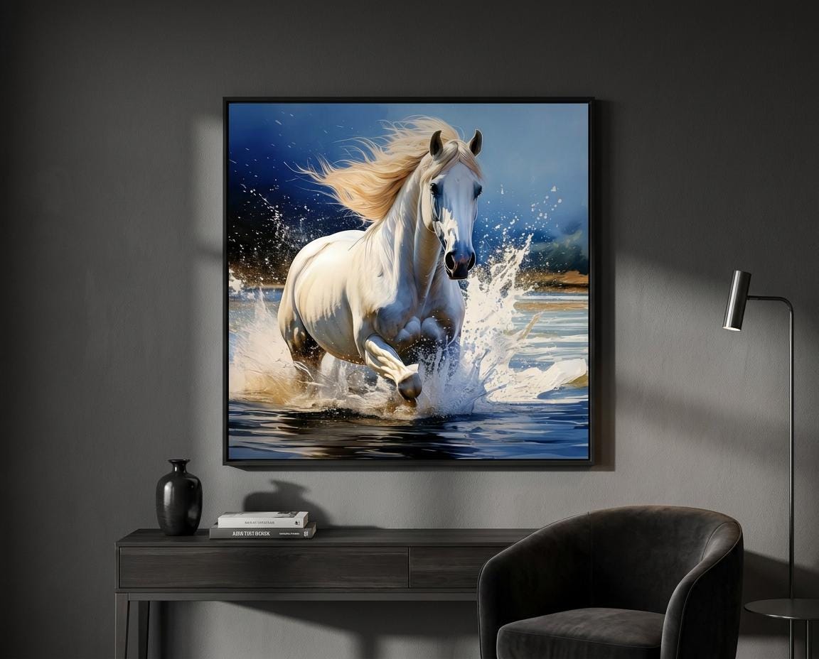 White Horse Wall Art Print: Galloping Stallion, Dynamic Water Splash Action Decor