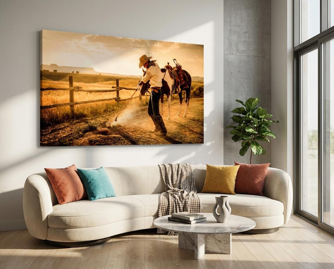 Cowboy Polo Horse Print: Western Sunset Ranch Game Sports Wall Art Decor