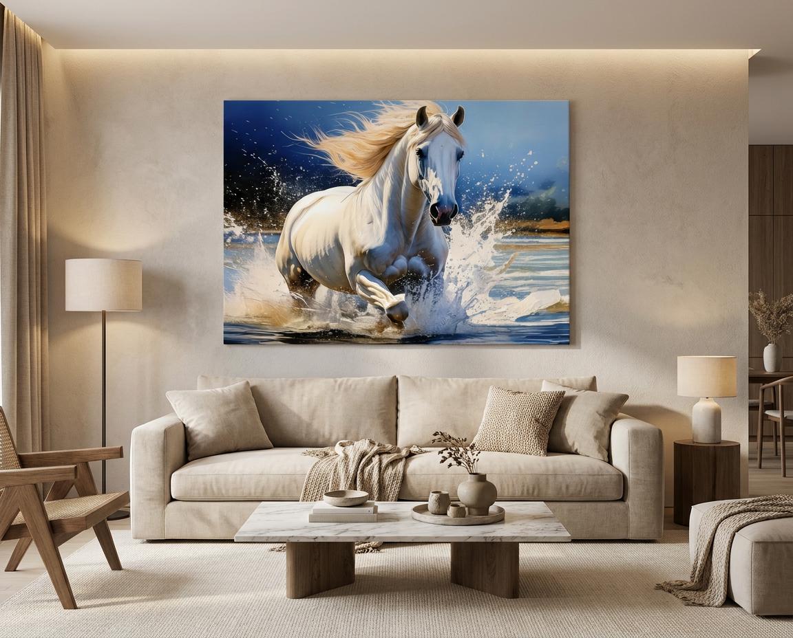 White Horse Wall Art Print: Galloping Stallion, Dynamic Water Splash Action Decor