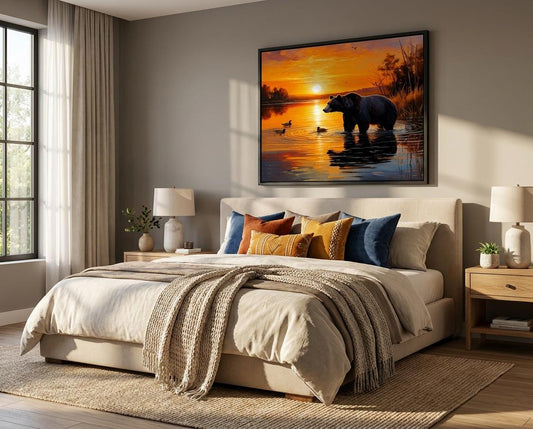 Black Bear Sunset Lake Canvas Print: Wildlife Nature Golden Hour Reflection Art