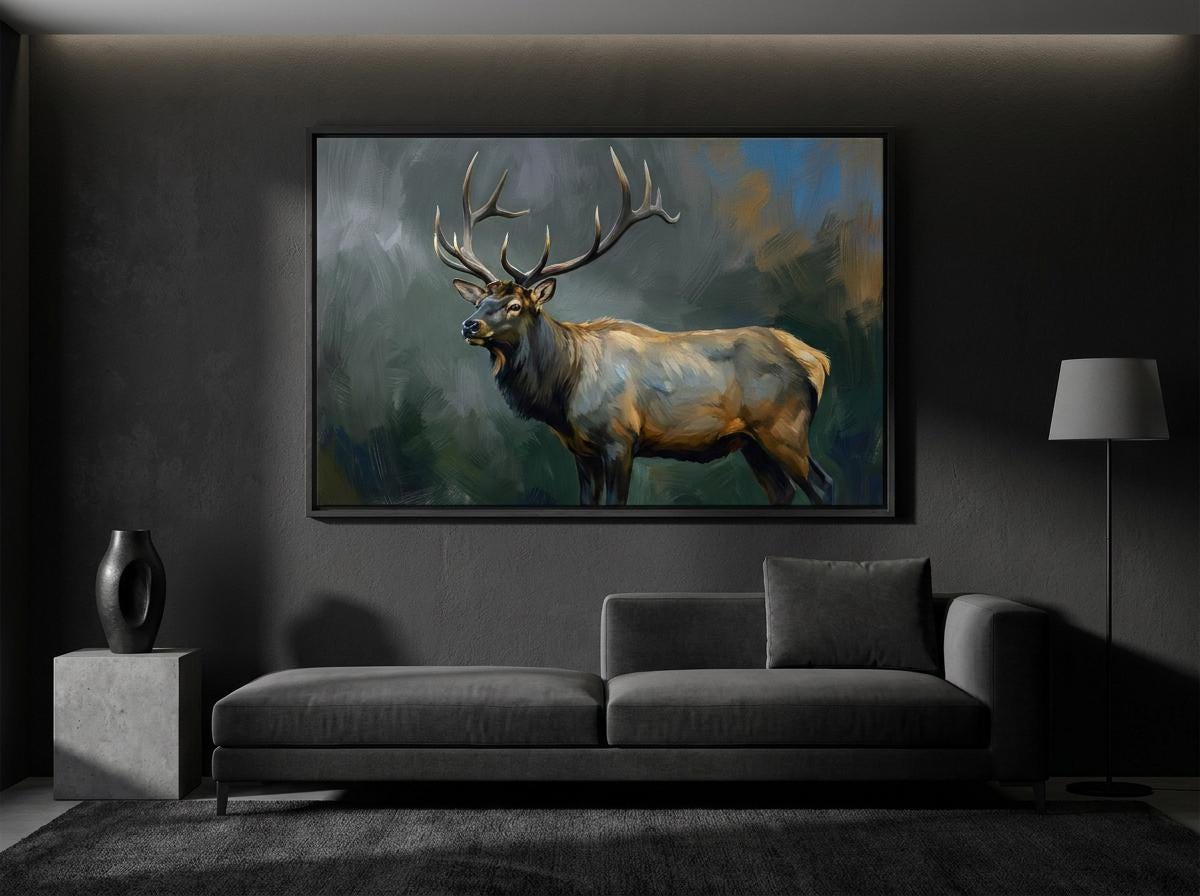Elk Art Print: Majestic Rocky Mountain Wildlife, Forest Meadow Golden Hour Landscape