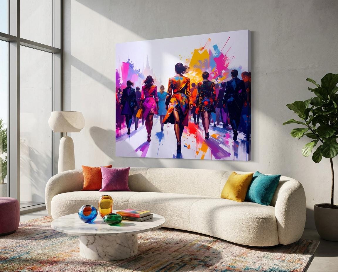 Modern Canvas Print: Vibrant Cityscape Art, Abstract Crowd Painting, Colorful Street Scene