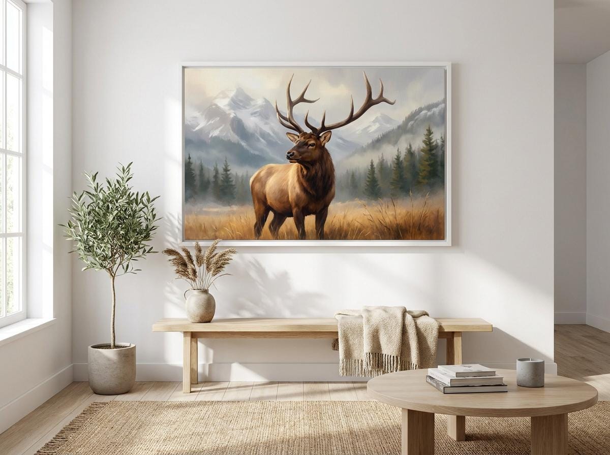 Elk Art Print: Majestic Rocky Mountain Wildlife, Forest Meadow Golden Hour Landscape