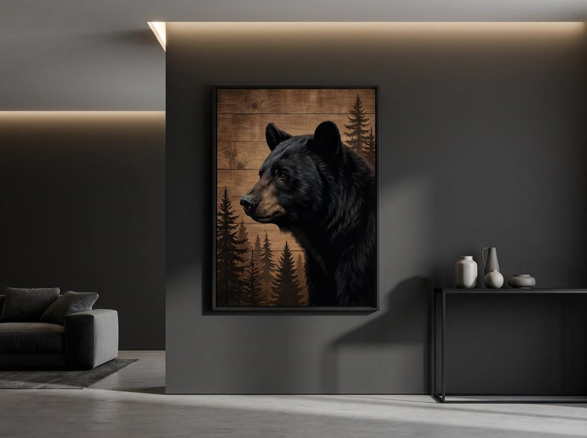Black Bear Wildlife Artwork Rustic Wood Pine Forest Animal Wall Design